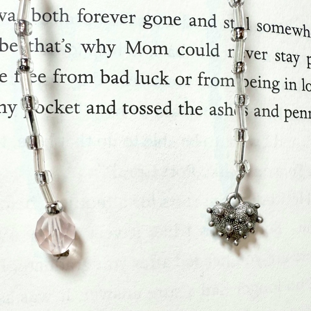 Hand Crafted Beaded Bookmark Metal Heart & Pink Faceted End Bead w Clear Beads